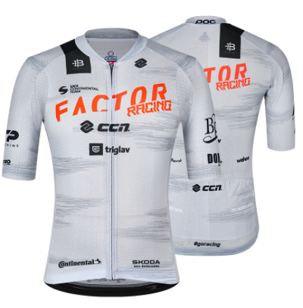 Factor Racing cycling jersey with multiple brand logos on a white background