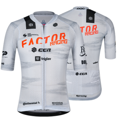 Factor Racing cycling jersey with multiple brand logos on a white background