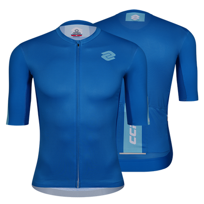 Blue cycling jersey with a CCN brand logo