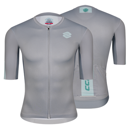 Gray cycling jersey with CCN brand logos