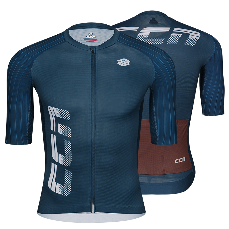 Blue cycling jersey withCCN  brand logo