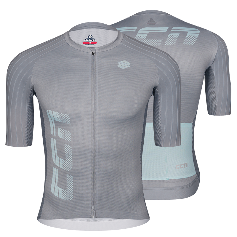 Gray cycling jersey with CCN brand logo