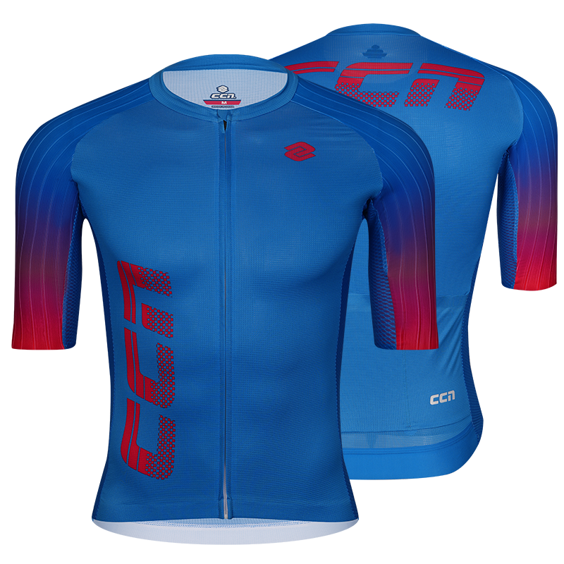 Blue cycling jersey with red accents and CCN branding 